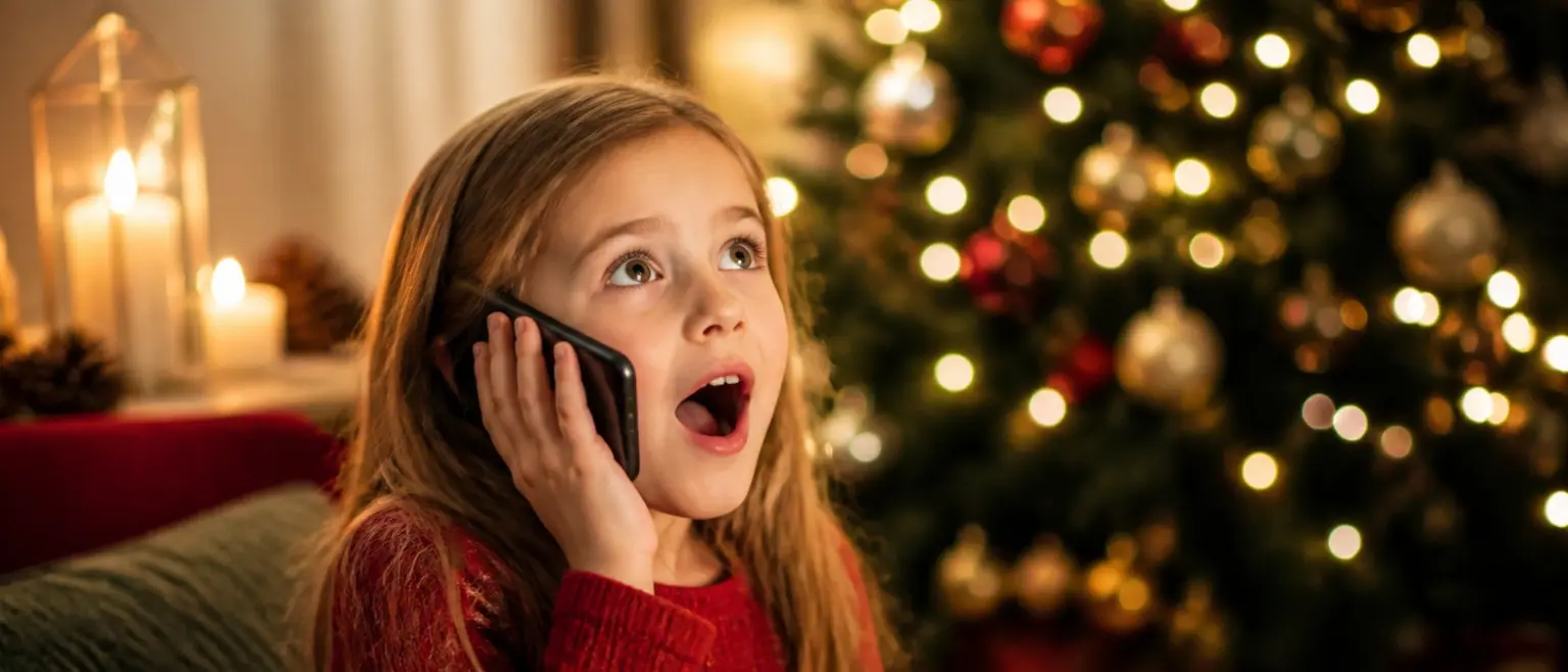 Ein geschmückter Weihnachtsbaum mit warmen Lichtern, davor ein staunendes Mädchen mit Handy.