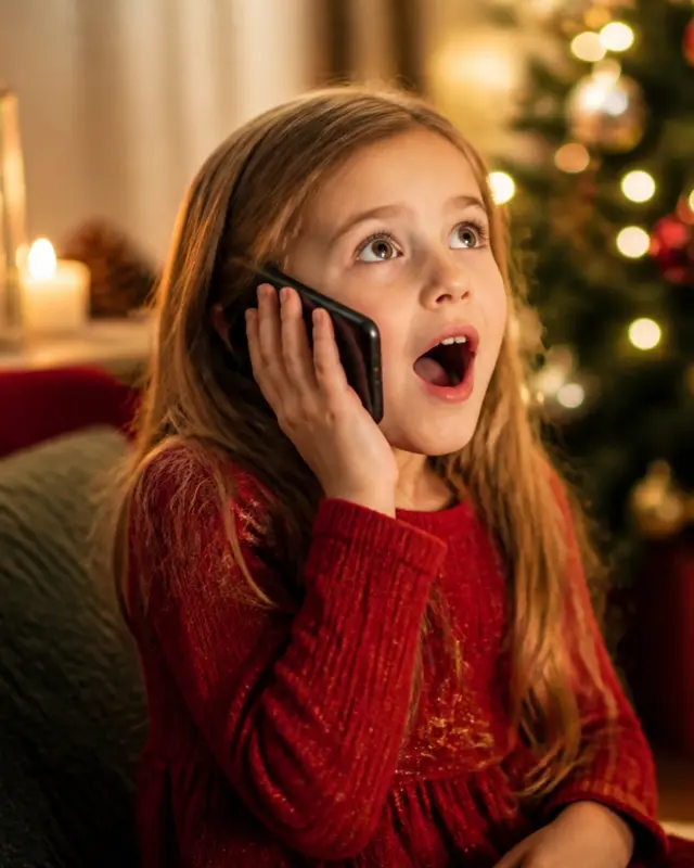 Ein Mädchen im roten Pullover hält vor dem Weihnachtsbaum ein Handy ans Ohr und staunt mit offenem Mund.