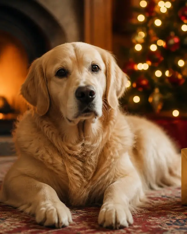Ein Golden Retriever liegt vor Kamin und Weihnachtsbaum neben Geschenken.