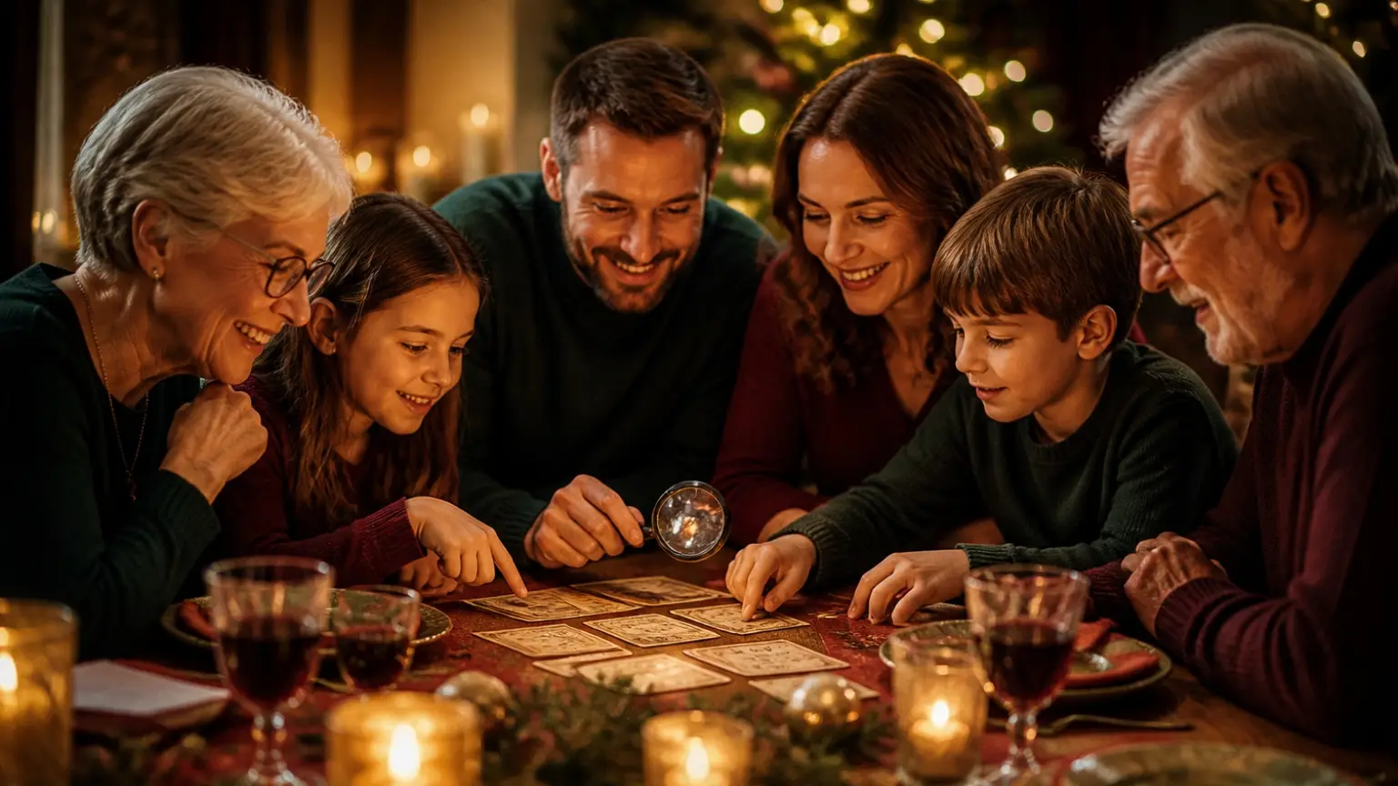 Drei Generationen beugen sich am festlich gedeckten Tisch lachend über Spielkarten und eine Lupe.