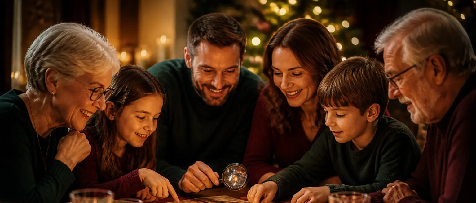 Drei Generationen beugen sich am festlich gedeckten Tisch lachend über Spielkarten und eine Lupe.