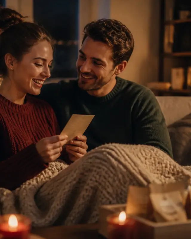Ein Paar sitzt unter einer Decke auf dem Sofa und liest lächelnd eine Karte.