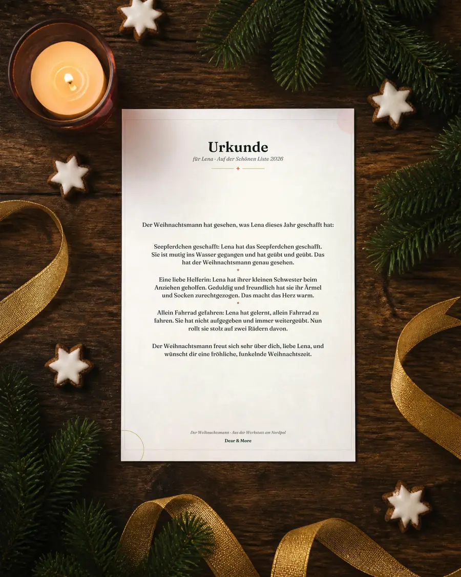 Brav-Urkunde vom Weihnachtsmann: echte Seite dieses Geschenks auf einem Blatt Papier auf dem Holztisch