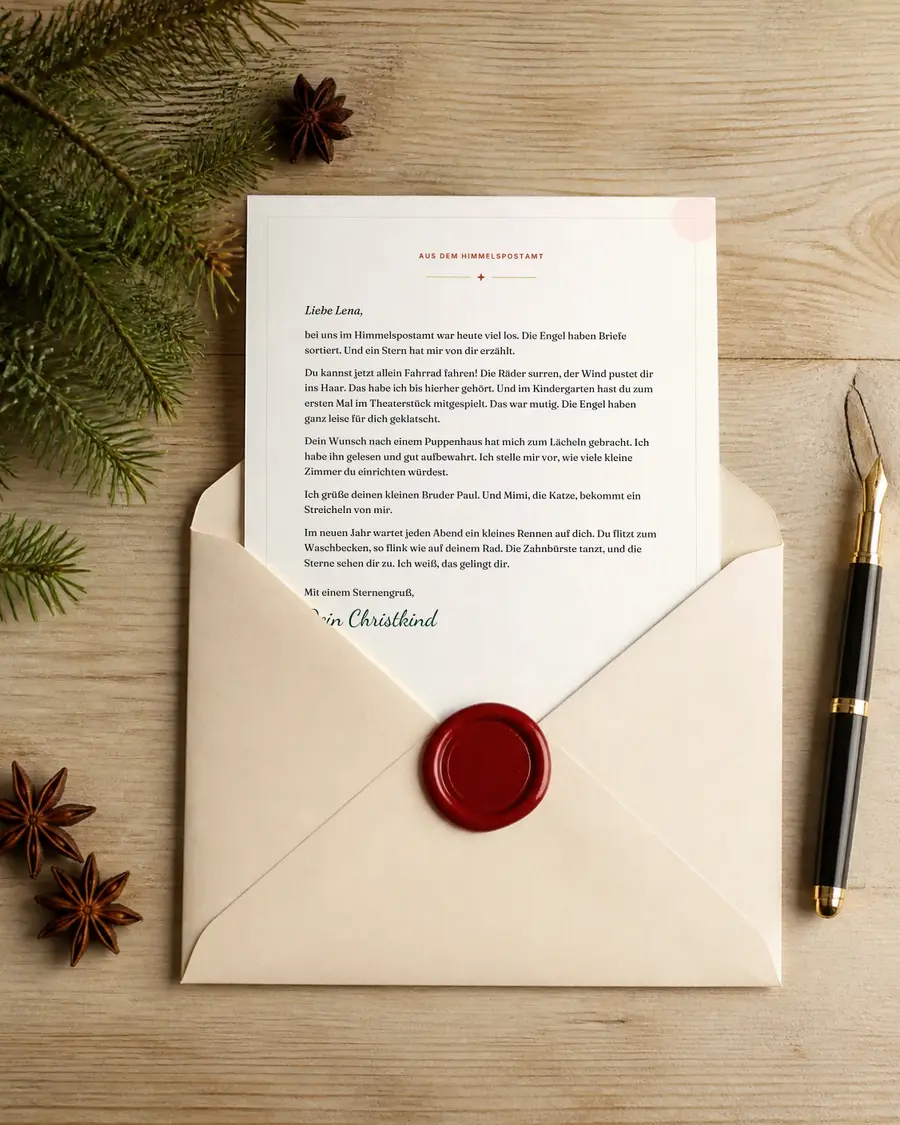 Persönlicher Brief vom Christkind: echte Seite dieses Geschenks als Brief in einem Umschlag mit rotem Wachssiegel