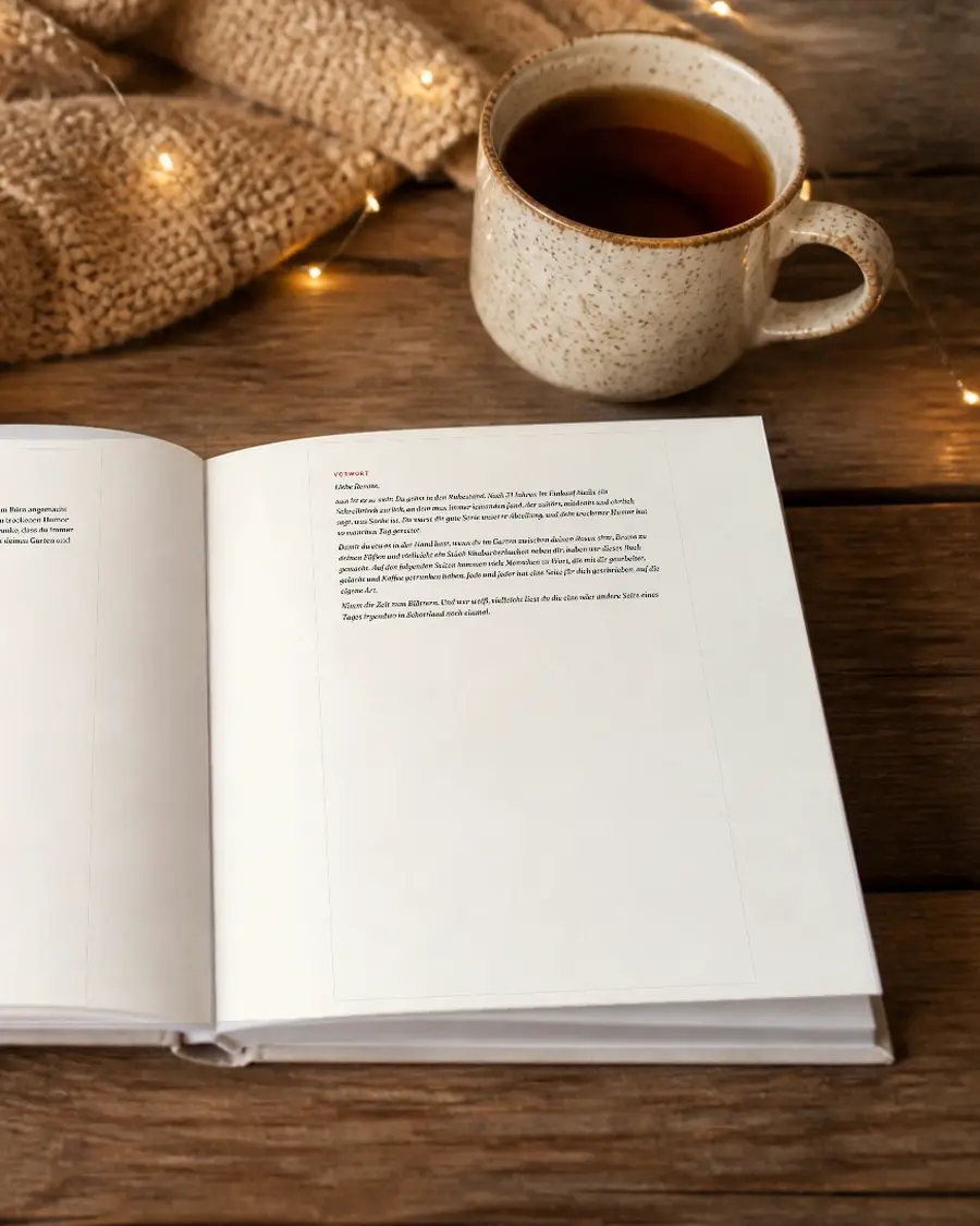 Ein Buch von uns allen: echte Seite dieses Geschenks in einem aufgeschlagenen Buch