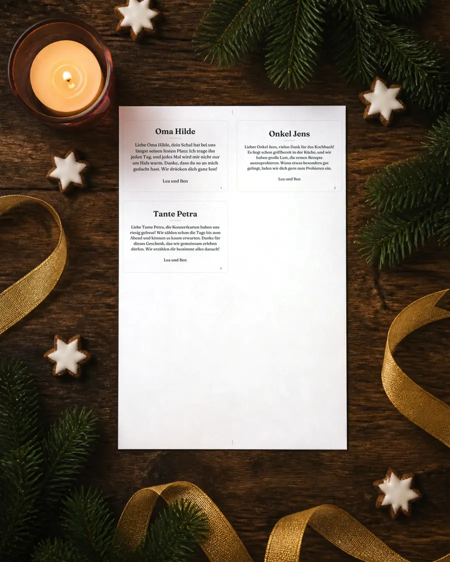 Danke-Karten nach Weihnachten: echte Seite dieses Geschenks auf einem Blatt Papier auf dem Holztisch
