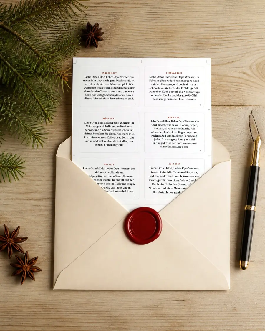 A Year of Post for Grandma and Grandpa: a real page of this gift as a letter in an envelope with a red wax seal