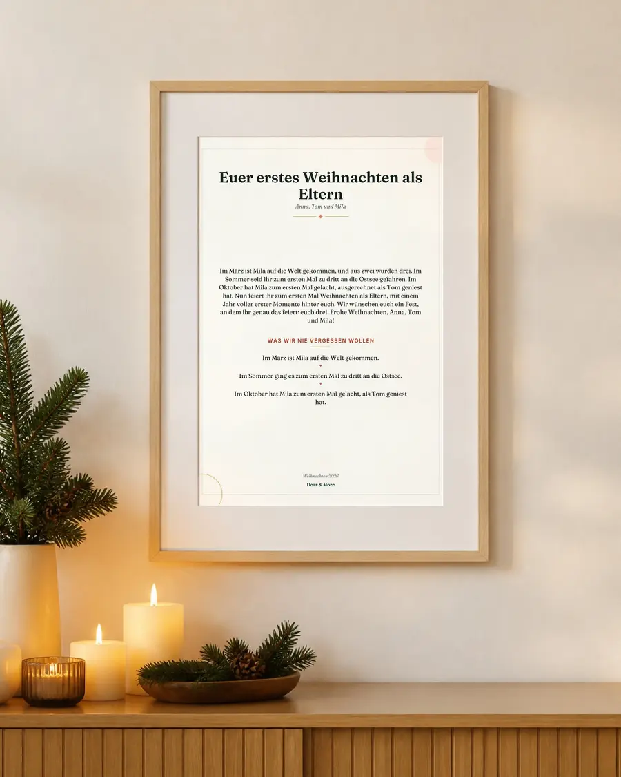 Unser erstes Weihnachten – Erinnerungsposter: echte Seite dieses Geschenks im Bilderrahmen an der Wand