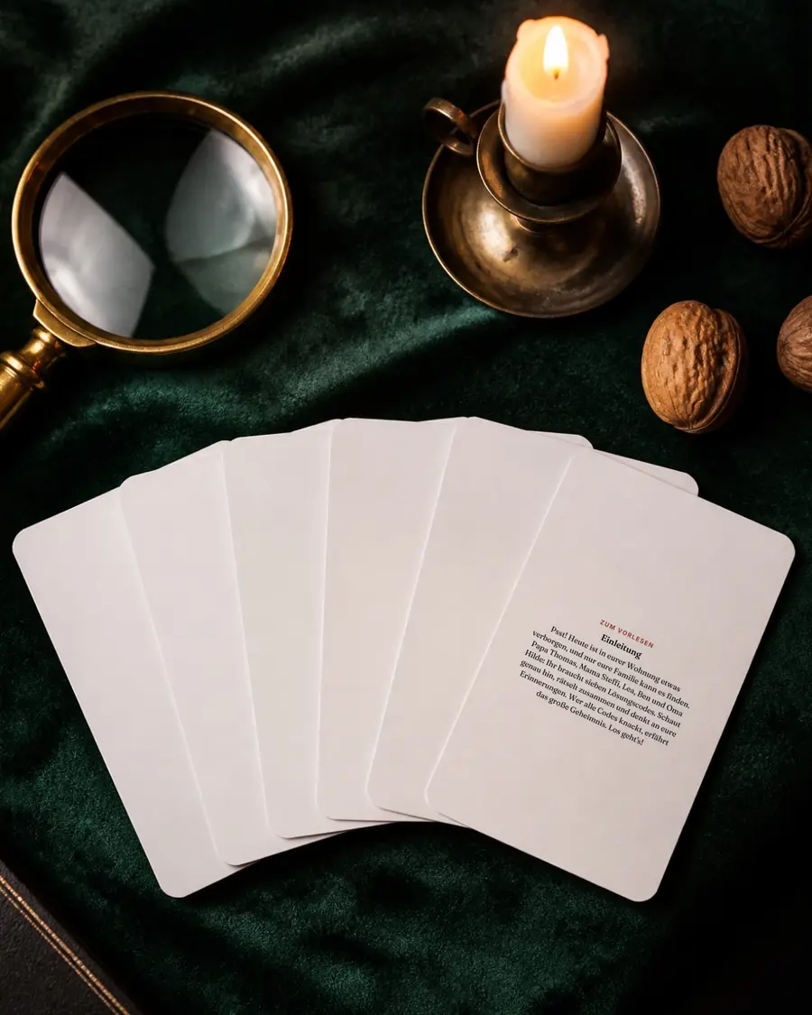 Escape-Game für Heiligabend: echte Seite dieses Geschenks als Karte auf einem Kartenfächer neben einer Lupe