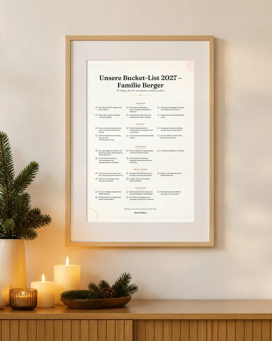 Family Bucket List 2027: a real page of this gift in a picture frame on the wall
