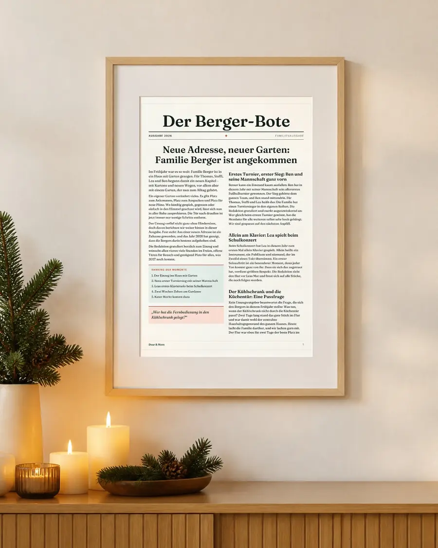 Familien-Jahreszeitung 2026: echte Seite dieses Geschenks im Bilderrahmen an der Wand