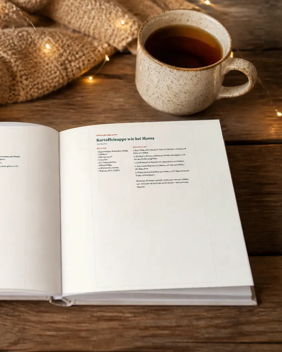 Unser Familien-Rezeptbuch: echte Seite dieses Geschenks in einem aufgeschlagenen Buch
