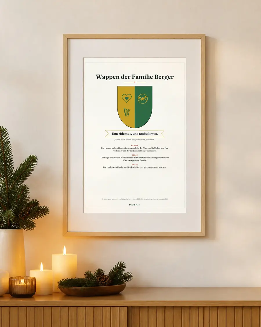 Euer Familienwappen: echte Seite dieses Geschenks im Bilderrahmen an der Wand