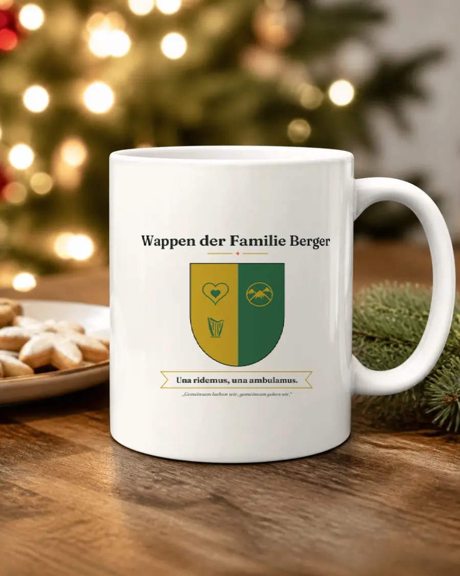 Euer Familienwappen: echte Seite dieses Geschenks auf einer weißen Tasse