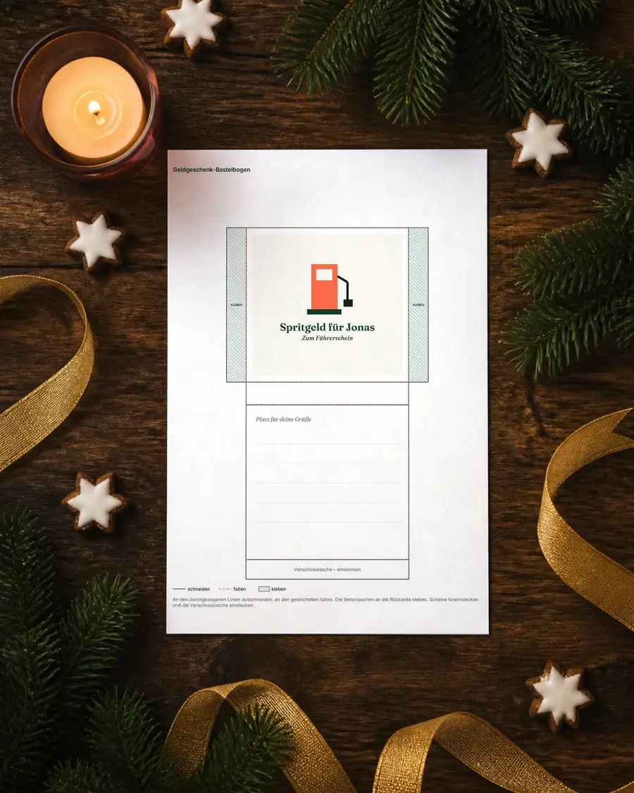 Geldgeschenk-Bastelbogen: echte Seite dieses Geschenks auf einem Blatt Papier auf dem Holztisch