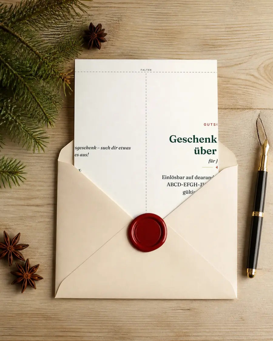 Dear & More Geschenkgutschein: echte Seite dieses Geschenks als Brief in einem Umschlag mit rotem Wachssiegel