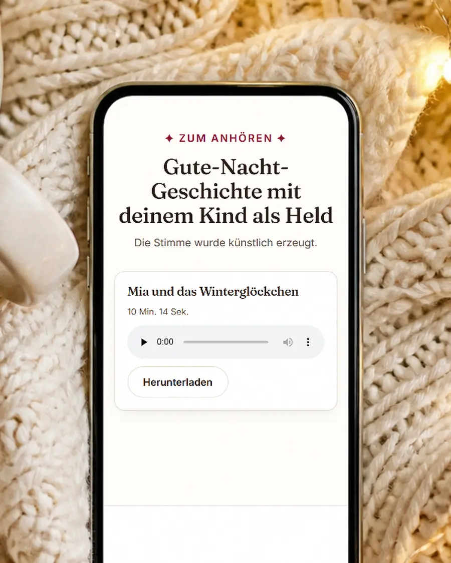 Gute-Nacht-Geschichte mit deinem Kind als Held: echte Seite dieses Geschenks auf einem Handy-Bildschirm