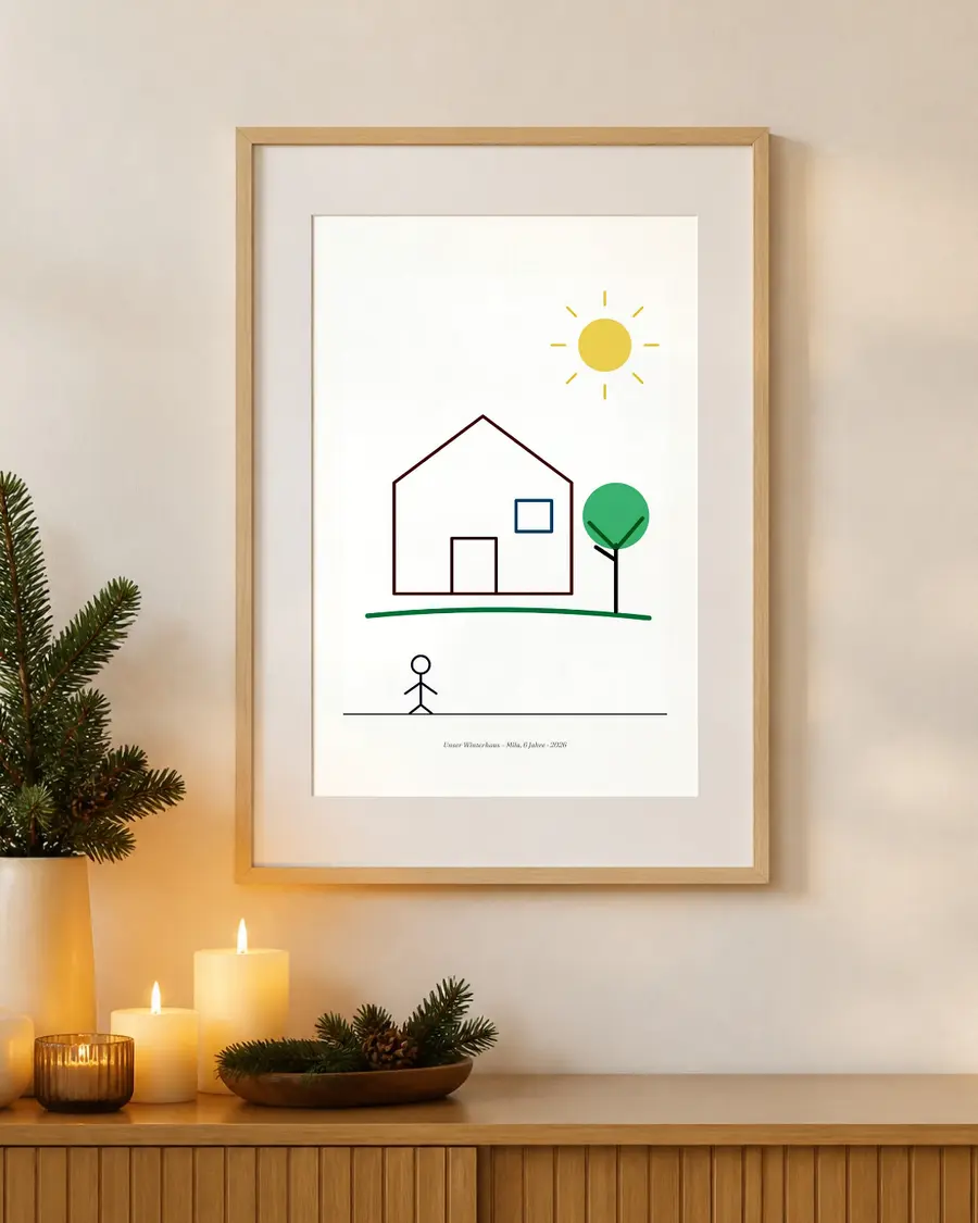 Kinderzeichnung als Kunstdruck: echte Seite dieses Geschenks im Bilderrahmen an der Wand