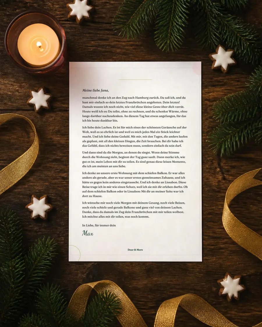Liebesbrief: echte Seite dieses Geschenks auf einem Blatt Papier auf dem Holztisch