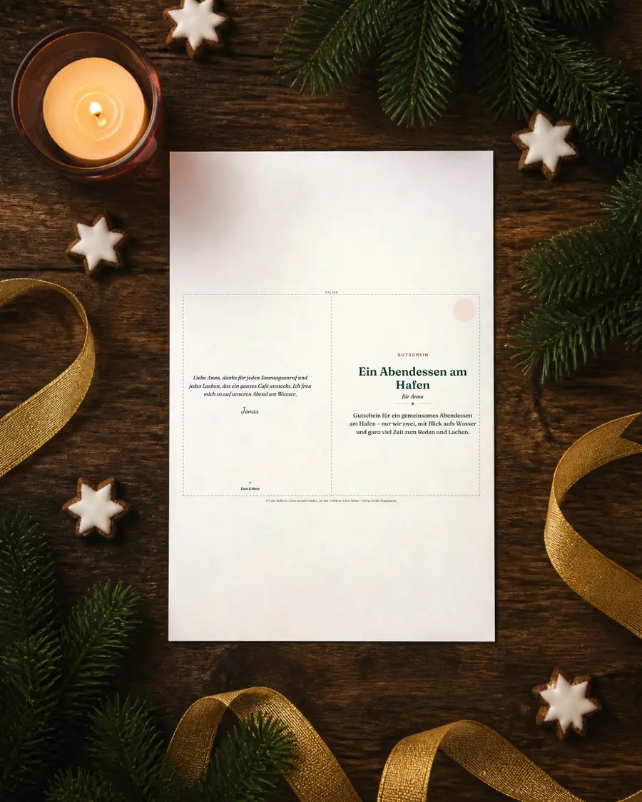 Notfall-Geschenk – in 10 Minuten persönlich: echte Seite dieses Geschenks auf einem Blatt Papier auf dem Holztisch