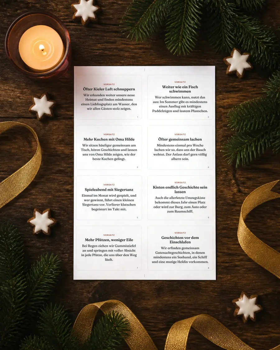 Silvester-Partypaket mit Countdown: echte Seite dieses Geschenks auf einem Blatt Papier auf dem Holztisch