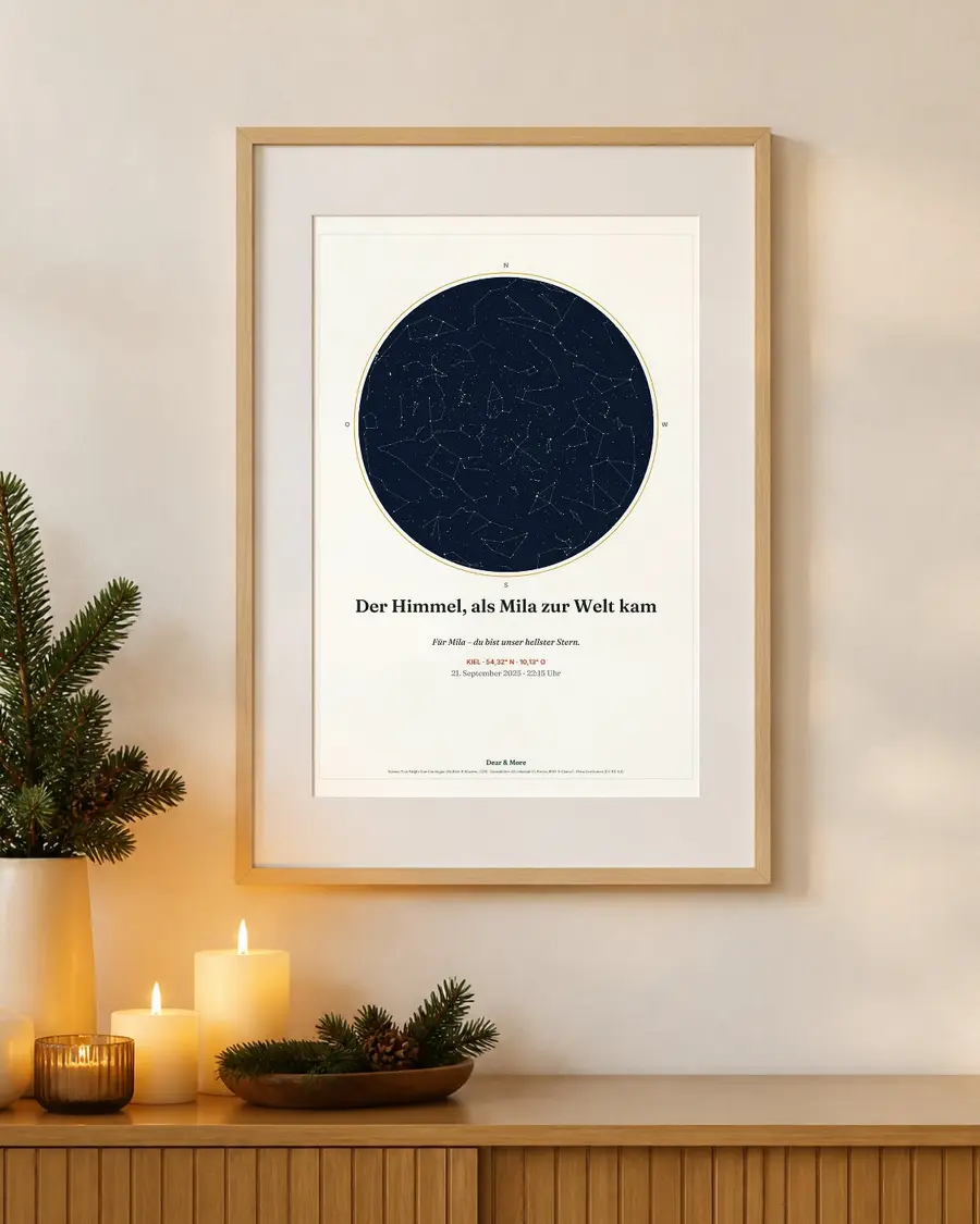 Sternenkarte eures Moments: echte Seite dieses Geschenks im Bilderrahmen an der Wand