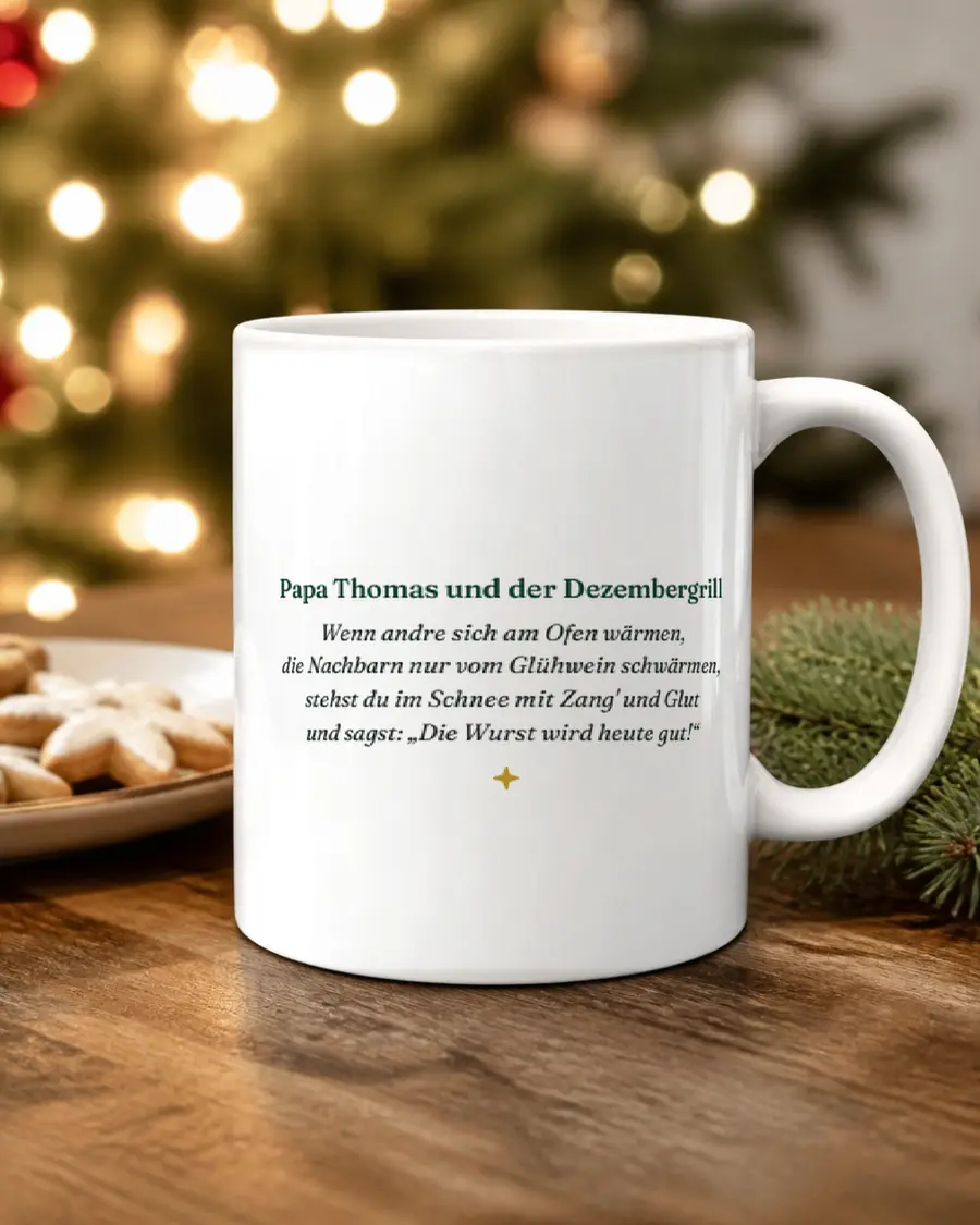 Persönliches Weihnachtsgedicht: echte Seite dieses Geschenks auf einer weißen Tasse
