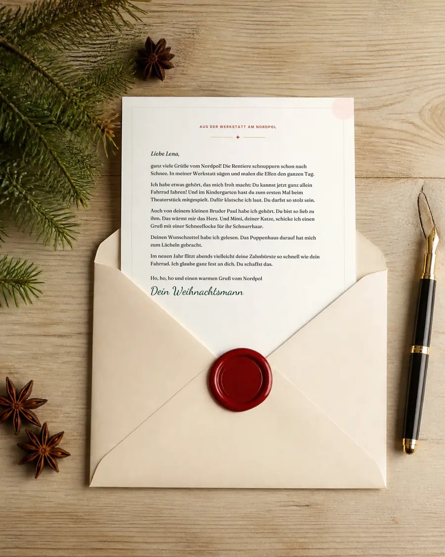 Brief vom Weihnachtsmann – per Post: echte Seite dieses Geschenks als Brief in einem Umschlag mit rotem Wachssiegel