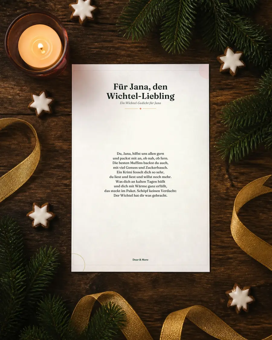 Wichtel-Gedicht: echte Seite dieses Geschenks auf einem Blatt Papier auf dem Holztisch