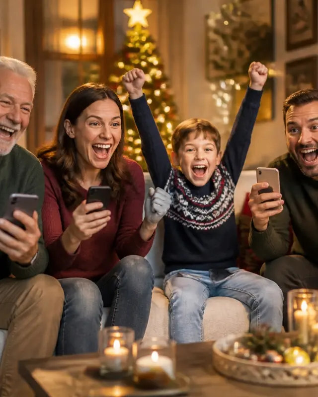 Eine Familie jubelt auf dem Sofa mit Handys in der Hand vor dem Fernseher.