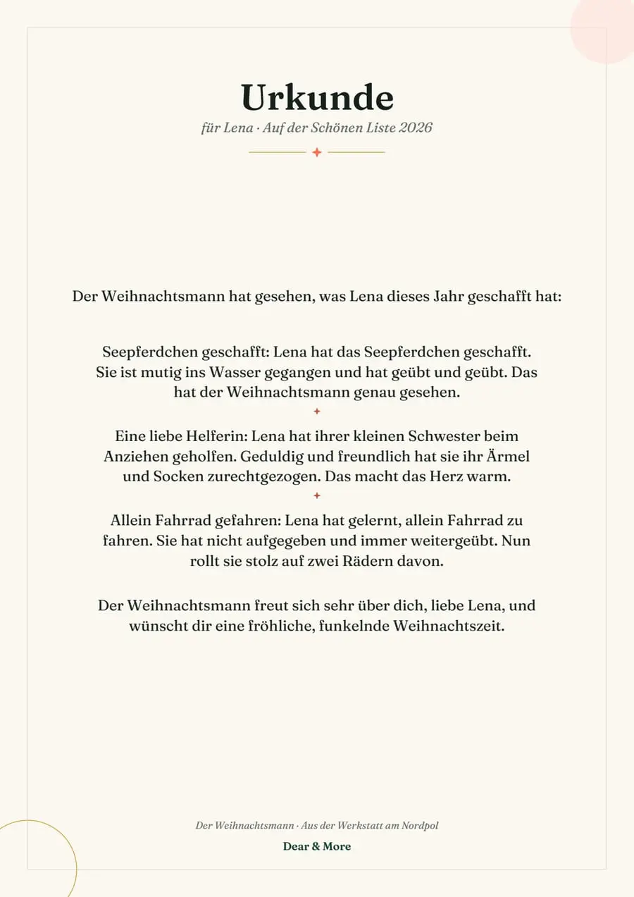 Echte Beispielseite: Brav-Urkunde vom Weihnachtsmann, Seite 1
