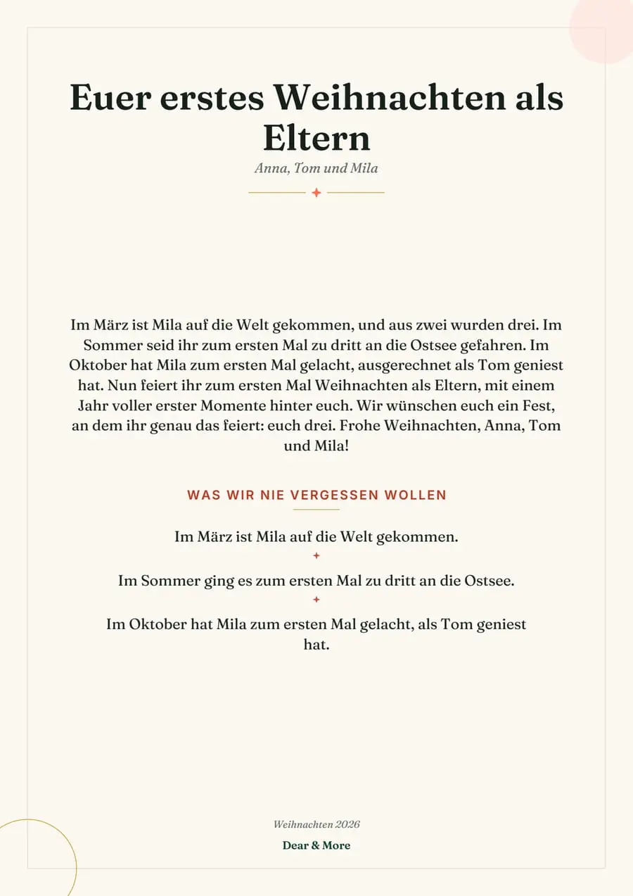 Echte Beispielseite: Unser erstes Weihnachten – Erinnerungsposter, Seite 1