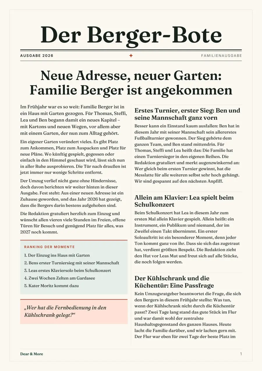Echte Beispielseite: Familien-Jahreszeitung 2026, Seite 1