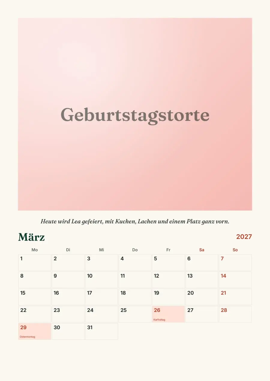 Echte Beispielseite: Fotokalender 2027 mit persönlichen Zeilen, Seite 1
