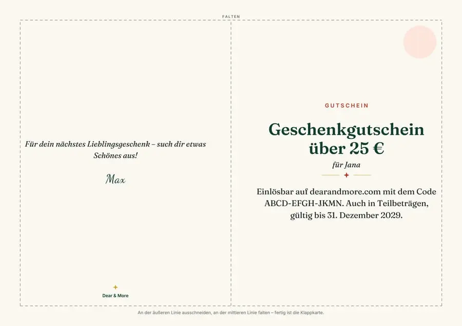 Echte Beispielseite: Dear & More Geschenkgutschein, Seite 1