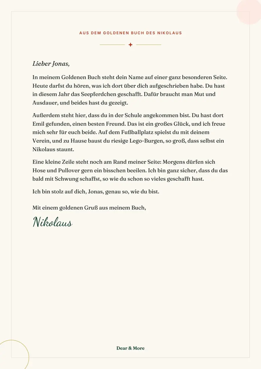 Echte Beispielseite: Das Goldene Buch des Nikolaus – deine persönliche Seite, Seite 1