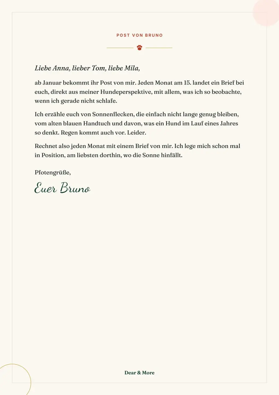 Real sample page: Letters from Your Pet – Subscription, page 1