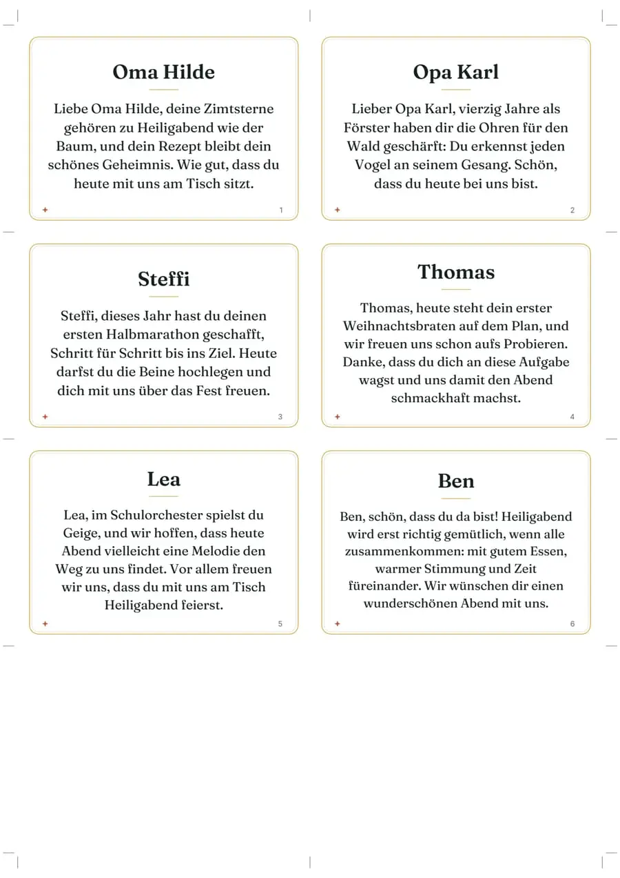 Echte Beispielseite: Tischkarten mit Geschichte, Seite 1