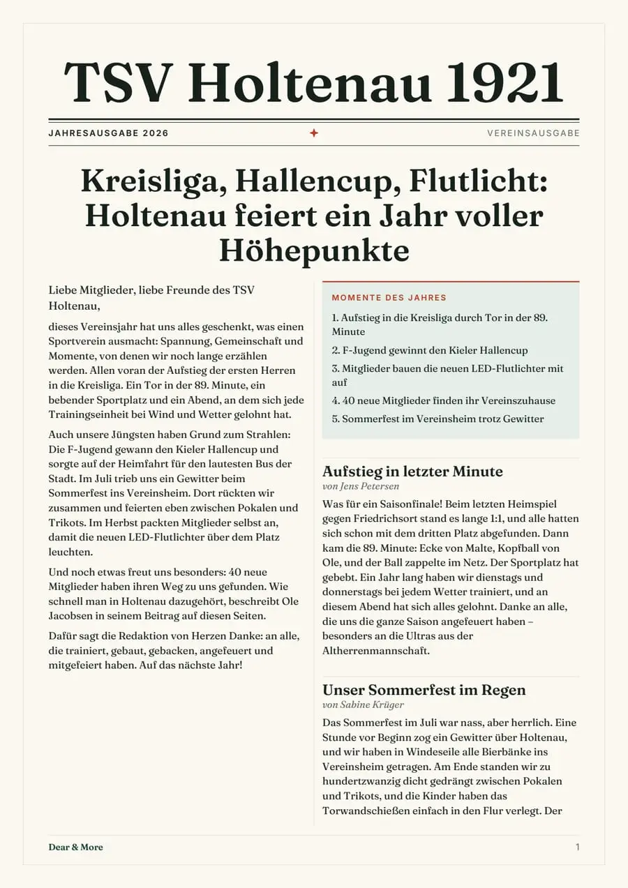 Echte Beispielseite: Vereinszeitung – euer Jahr in einer Zeitung, Seite 1