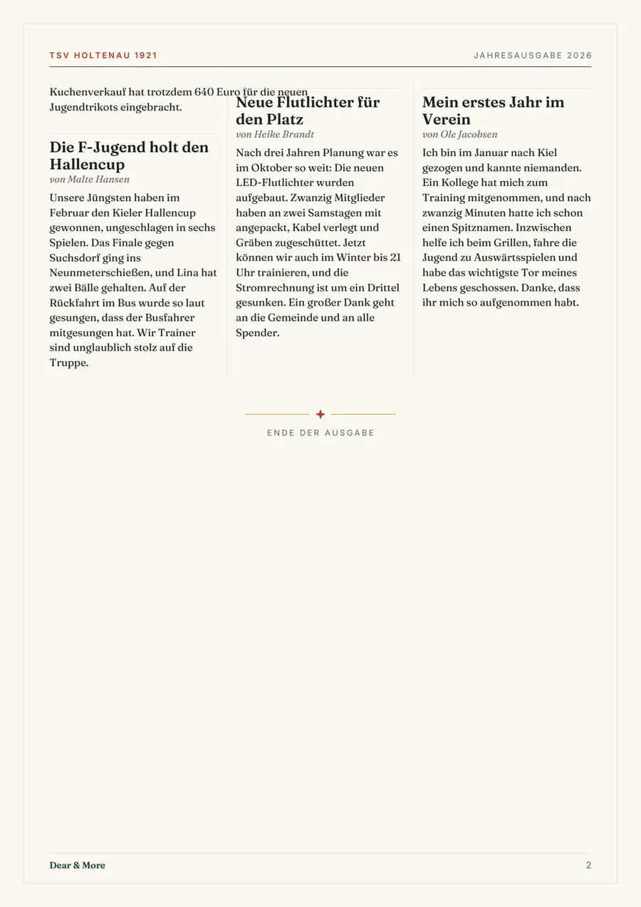 Echte Beispielseite: Vereinszeitung – euer Jahr in einer Zeitung, Seite 2
