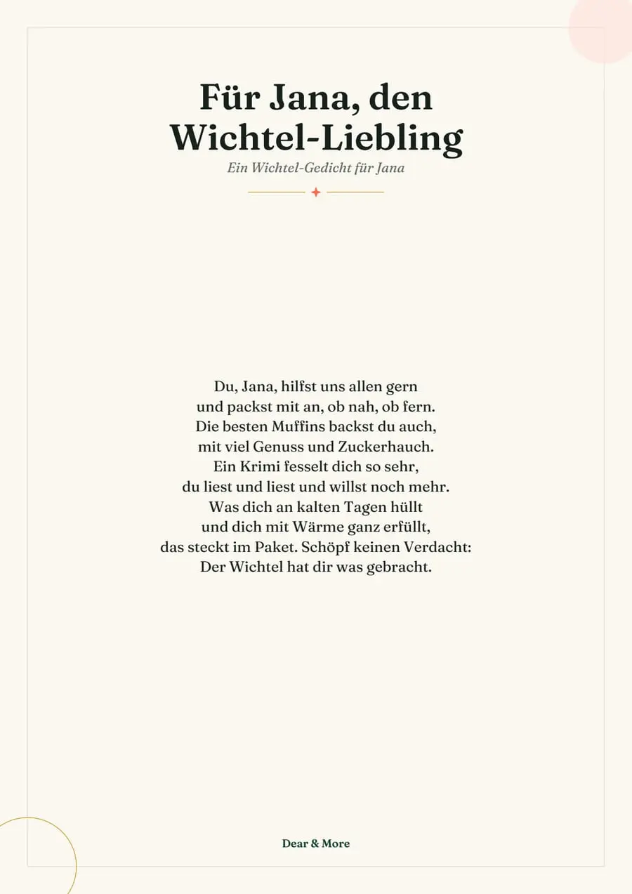 Echte Beispielseite: Wichtel-Gedicht, Seite 1