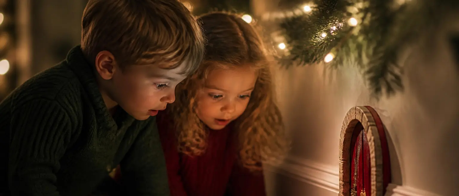 Zwei Kinder entdecken eine kleine rote Wichteltür an der Wand.