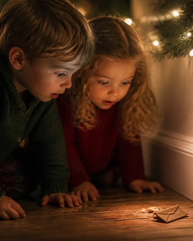Zwei Kinder entdecken eine kleine rote Wichteltür an der Wand.